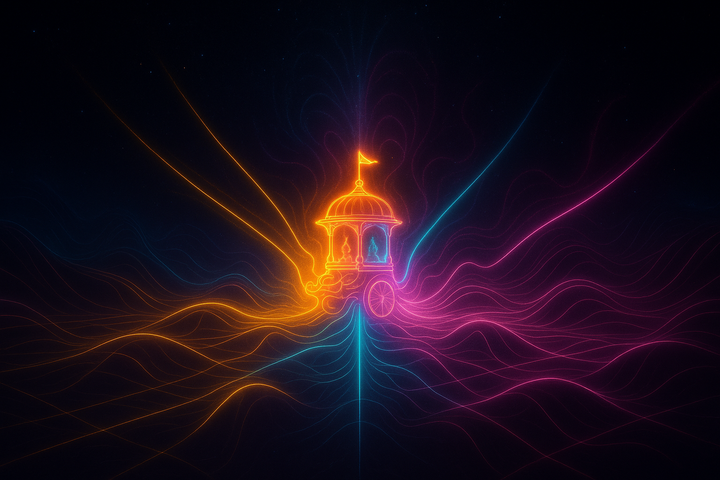 Chariot at center of cosmic battlefield with dharmic paths radiating