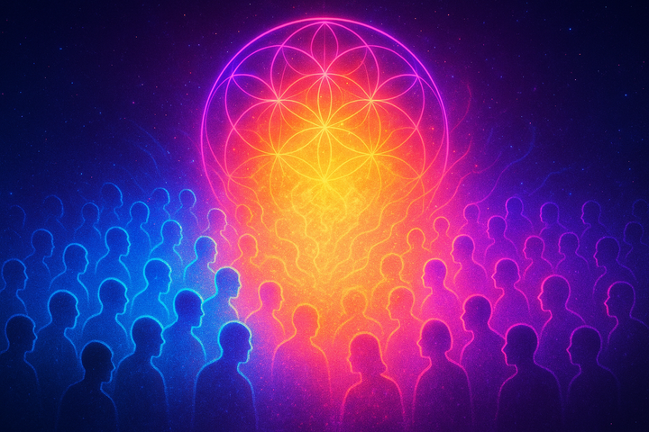 Individual forms dissolving into unified luminous collective field