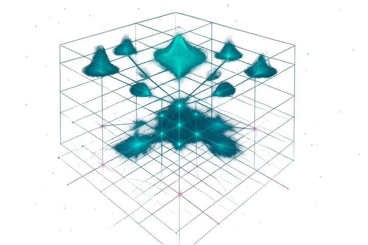Layered probabilistic world model visualization showing state-observation-action relationships