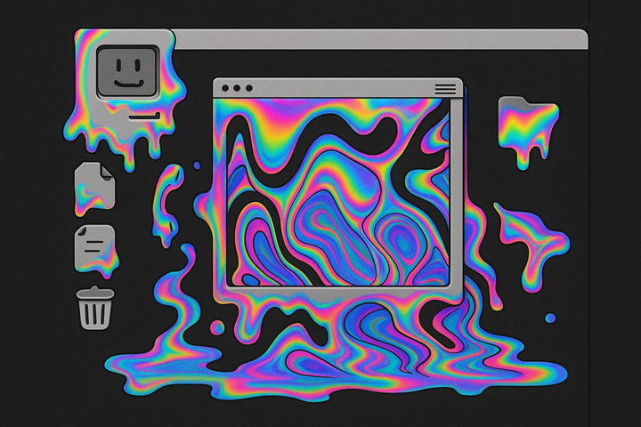 Desktop interface dissolving to reveal alien geometry beneath—probability clouds and quantum superposition at the edge of knowledge