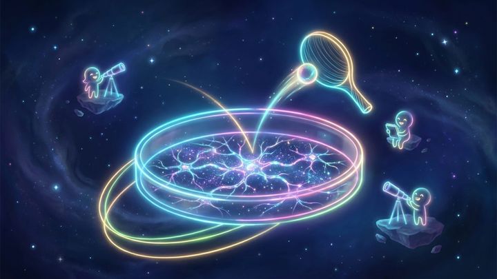 Glowing cluster of brain cells on a chip in a neon cosmos, with a simple Pong paddle and ball of light