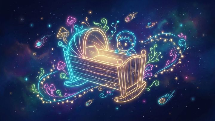 Glowing wooden cradle drifting among stars and neon mushrooms, with a curious child peeking over its edge
