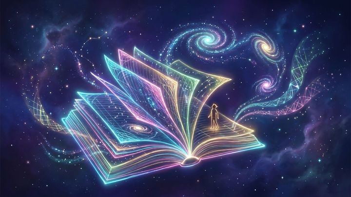 Glowing open ledger book floating in a starry night sky, its pages gridded like spreadsheets, with a tiny lone figure standing on the pages and neon spirals of light streaming out