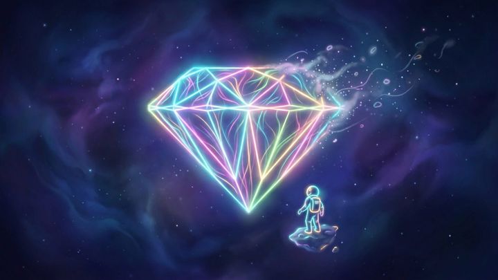 A tiny astronaut watches a glowing diamond in space slowly crumble into neon dust