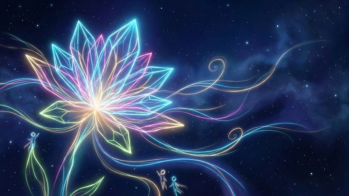 A neon cosmic flower unfolds on its own and releases ribbons of energy, a picture of free energy