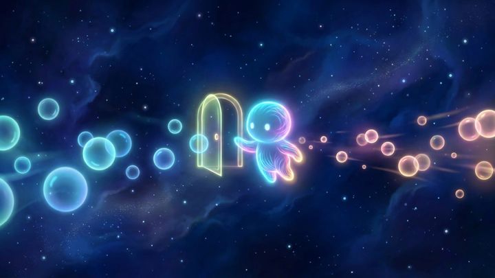 A friendly light sprite at a tiny door sorts slow cyan orbs from fast pink-gold orbs in space