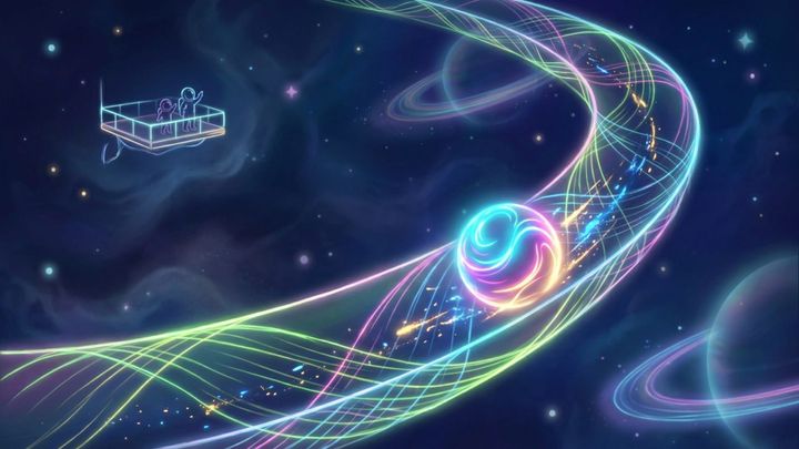 A neon marble rolls on its own down a glowing spiral track through space, leaving sparks of energy behind it