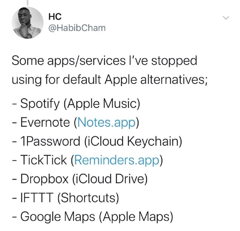 Screenshot of a tweet in which I shared a list of third party apps/services I stopped using in favour of Apple default native apps.