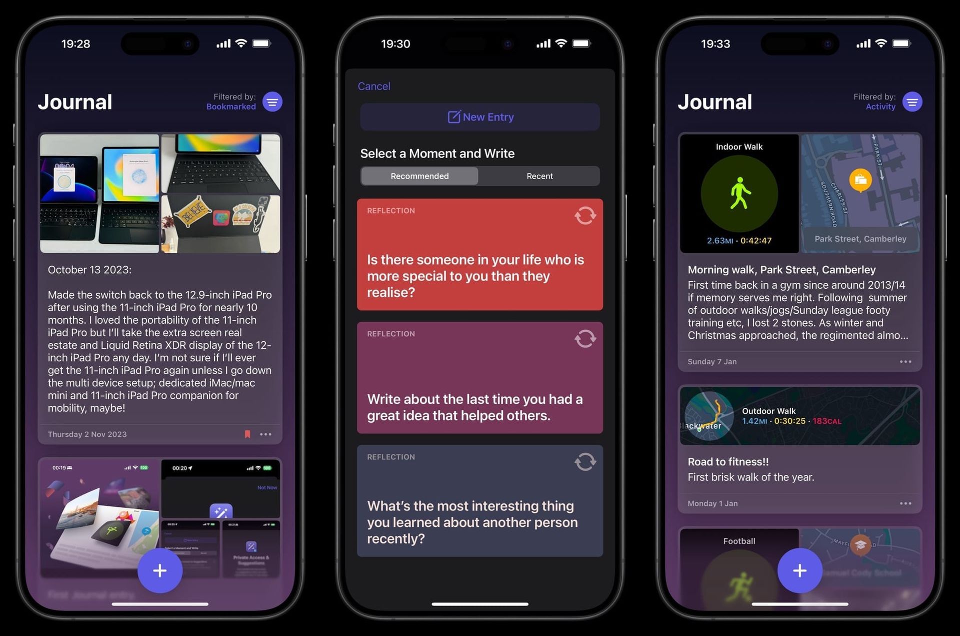 Apple Journal App displaying features such as creating a new journal entry, prompting reflection questions, and activities.