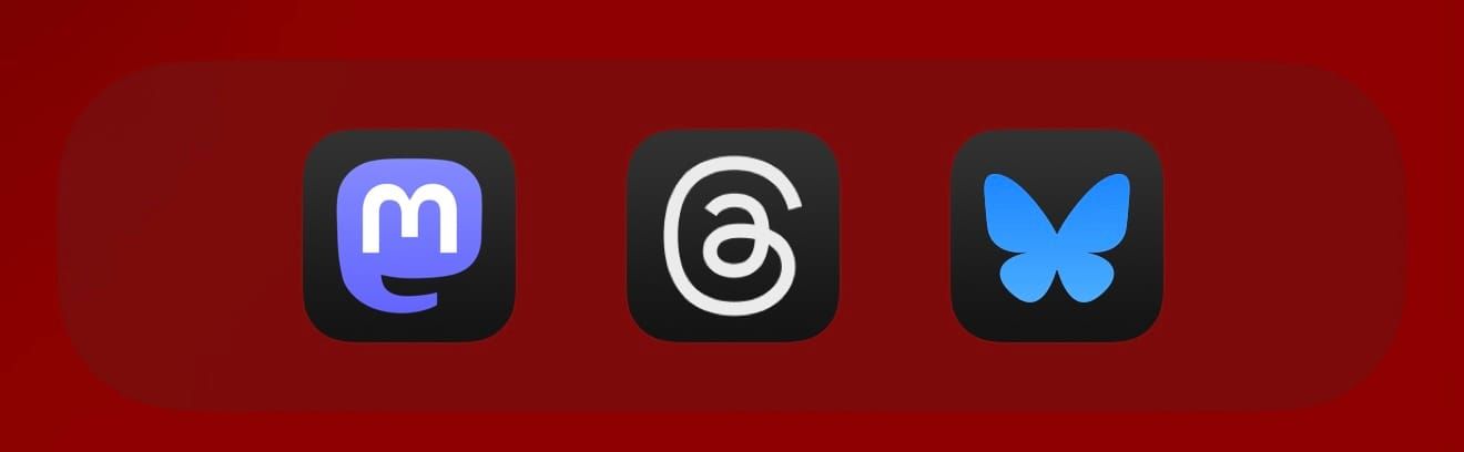 Mastodon, Threads, and Bluesky app icons on a red background.
