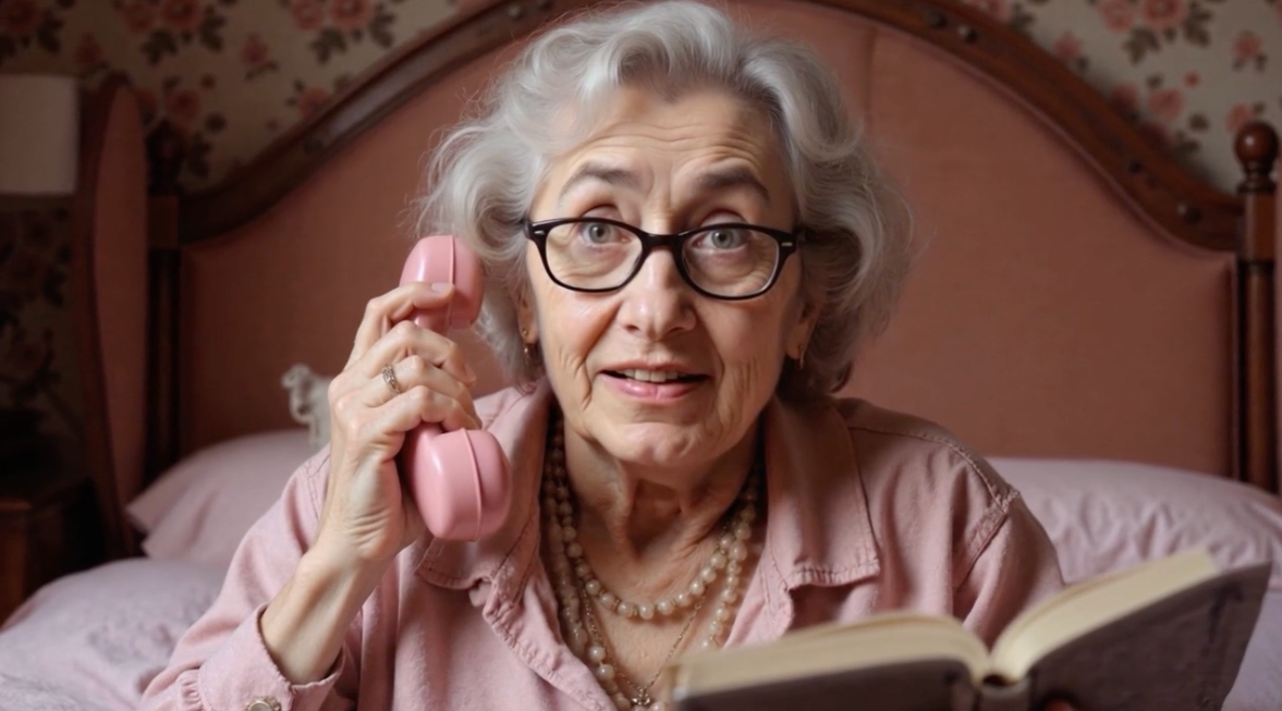 Elderly woman with glasses holding a pink phone in a vintage bedroom.