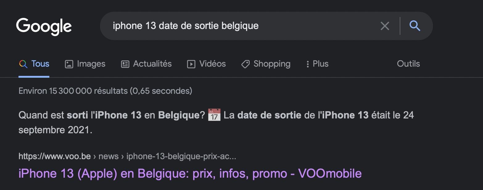 exemple de position zéro avec la date de sortie de l'iPhone 13 en Belgique