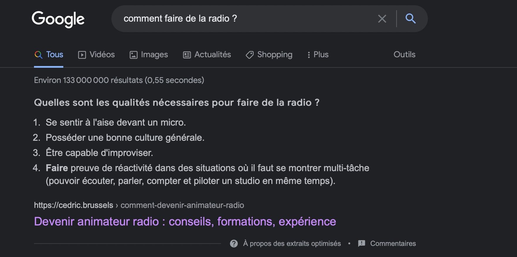 exemple de position zéro en liste pour la requête "comment faire de la radio" par Cédric godart