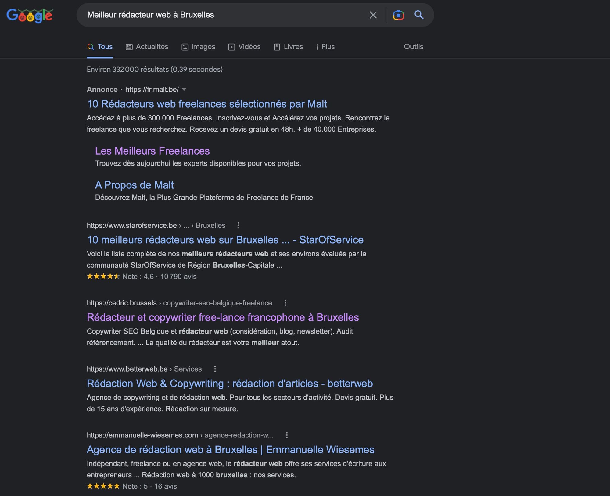 Requête meilleur rédacteur web Bruxelles sur le moteur de recherche Google