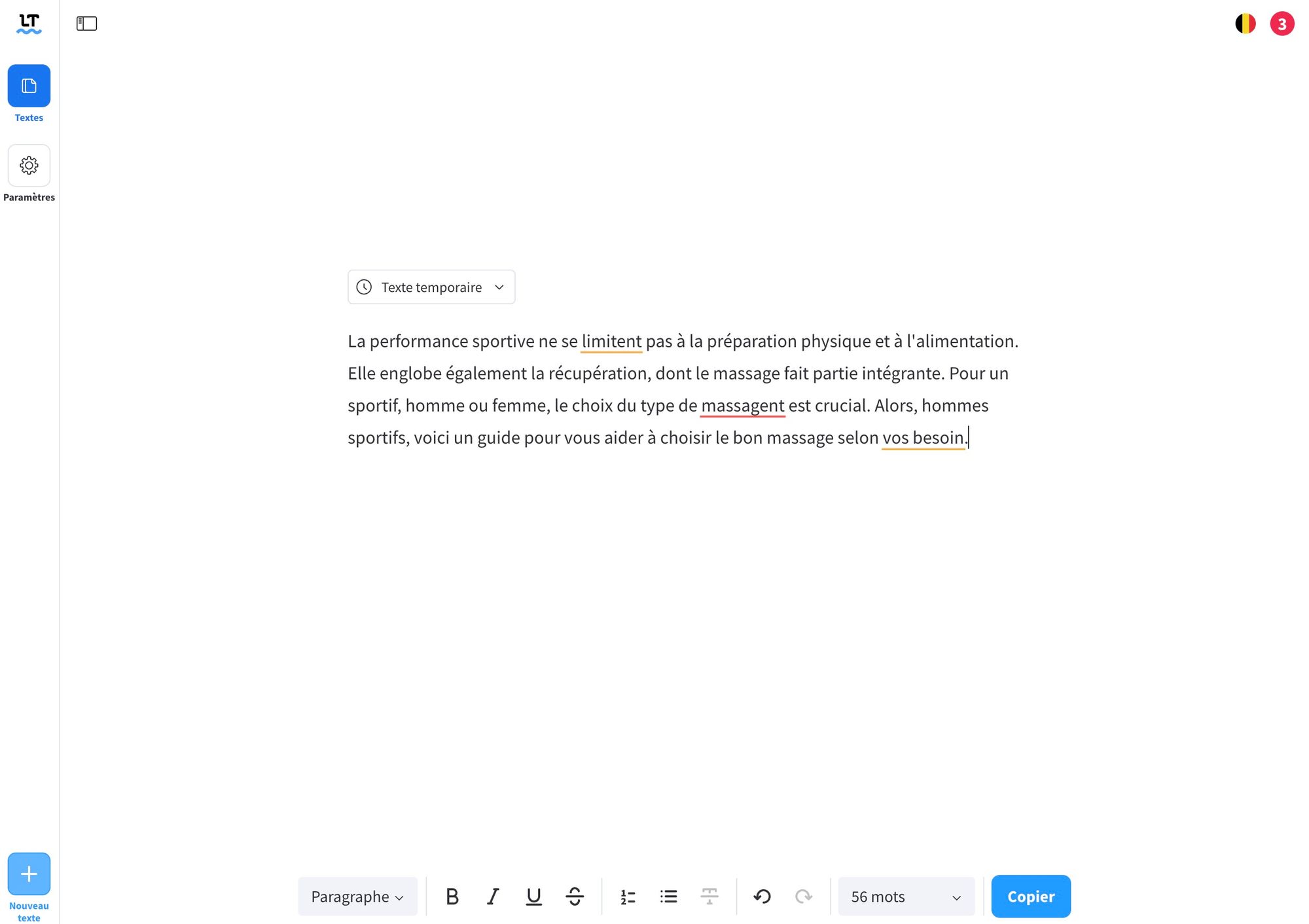 Un texte corrigé dans l'éditeur web de LanguagueTool