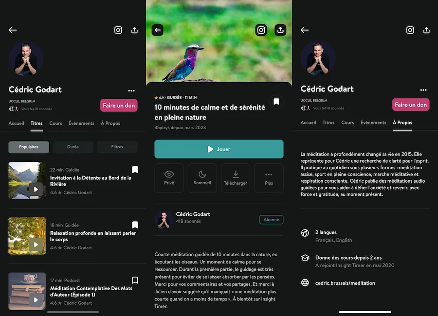 Capture d'écran des méditations de Cédric Godart sur Insight Timer