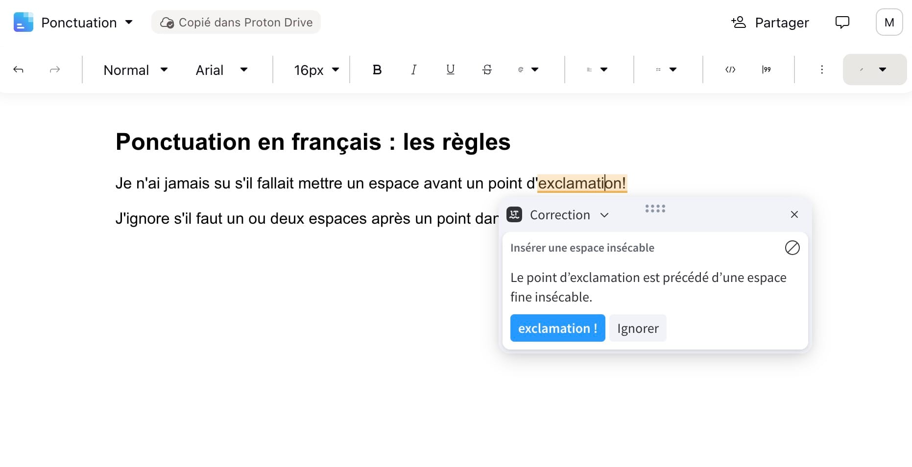 Espaces de ponctuation corrigés par LanguageTool dans Proton Docs