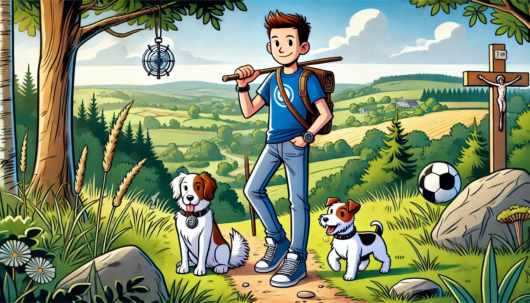 un garçon deux chiens dans la campagne en wallonie 
