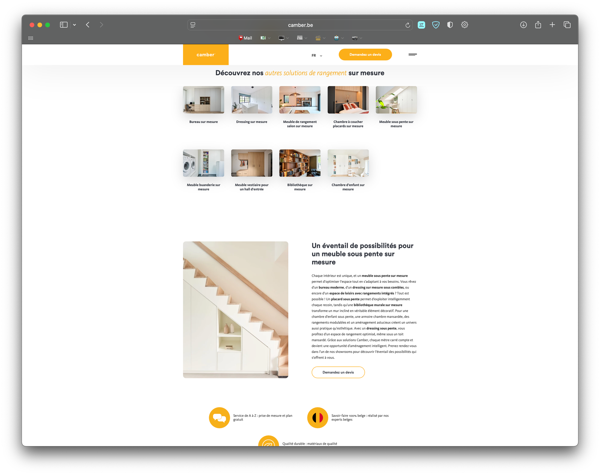 Une landing page Camber sur le mot clé meuble sur mesure réalisée en mars 2025