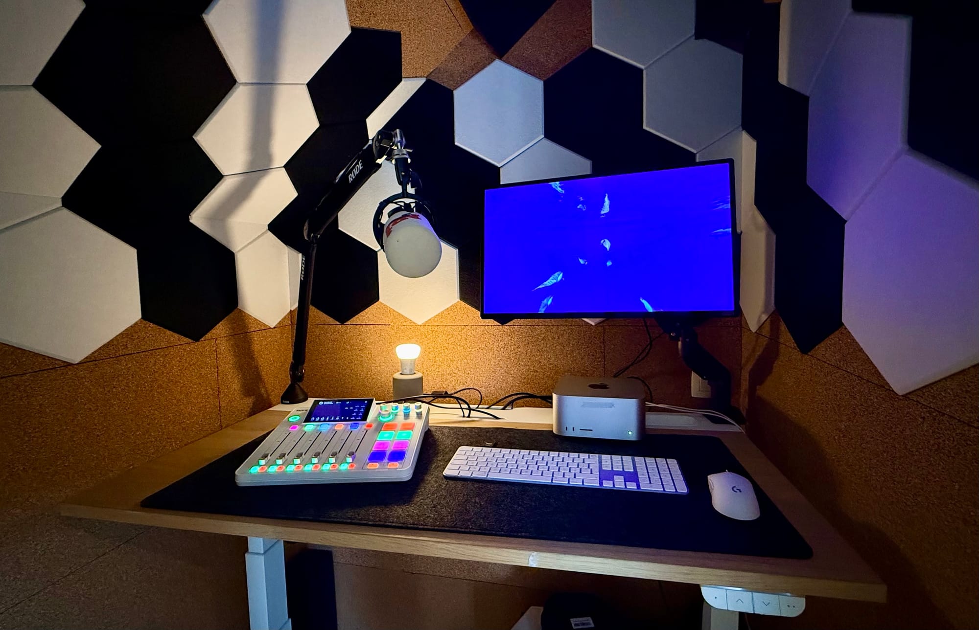 Setup Home Studio Radio 2026 avec Mac Studio, Rodecaster Pro et panneaux acoustiques