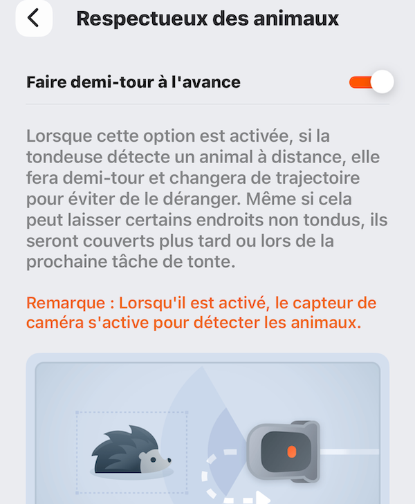 Écran de l'application Navimow montrant la fonction Respectueux des animaux avec détection de hérisson et demi-tour automatique