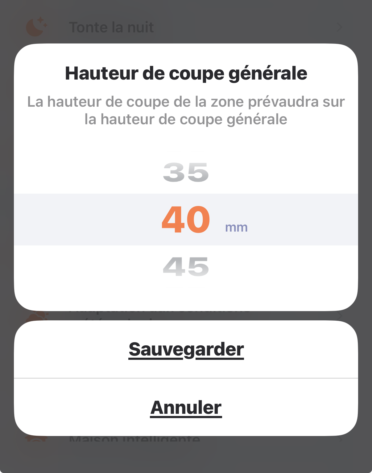 Réglage de la hauteur de coupe générale dans l'application Navimow — sélecteur à 40 mm avec pas de 5 mm