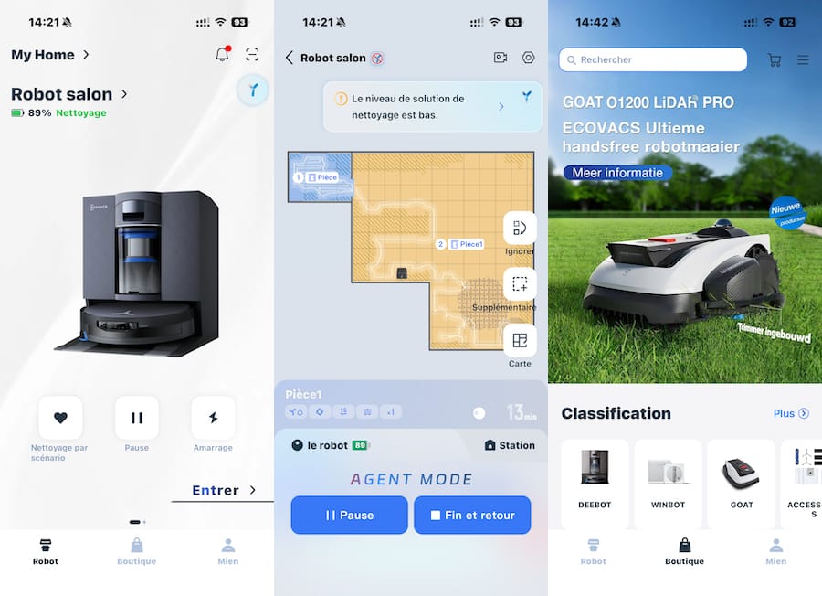 L'application Ecovacs Home : très complète, avec le mode Agent YIKO qui simplifie le quotidien. À droite, la boutique intégrée (le site belge est malheureusement en néerlandais uniquement.