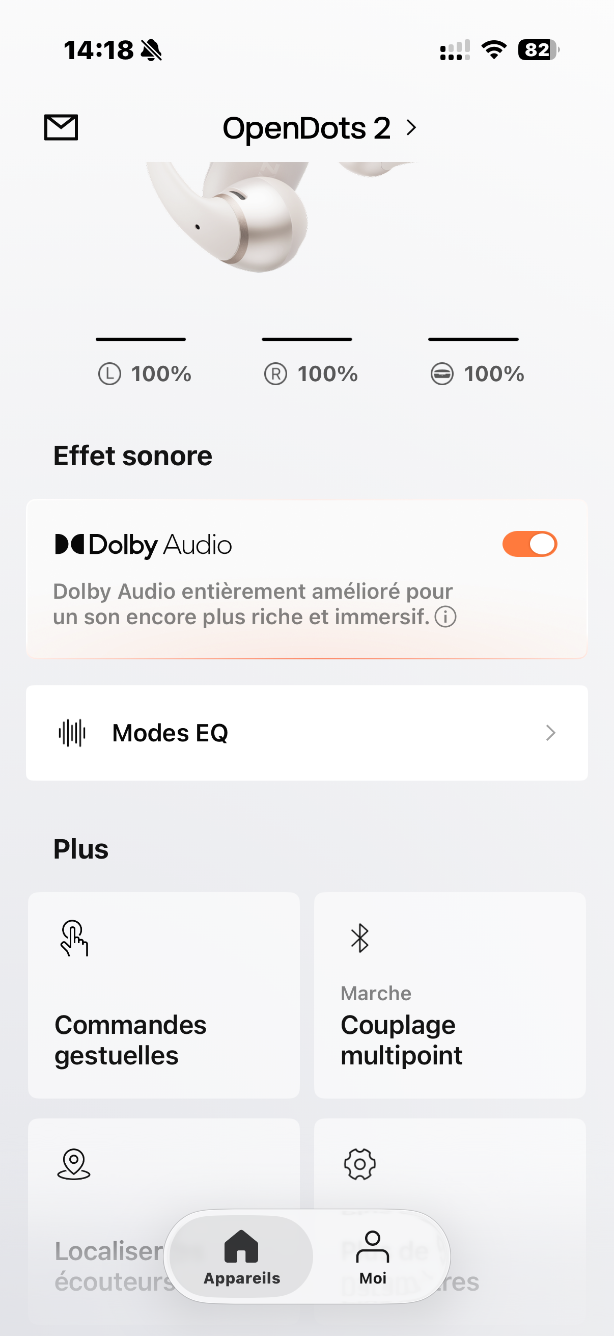 Application Shokz montrant les OpenDots 2 connectés avec Dolby Audio activé, modes EQ, commandes gestuelles et couplage multipoint