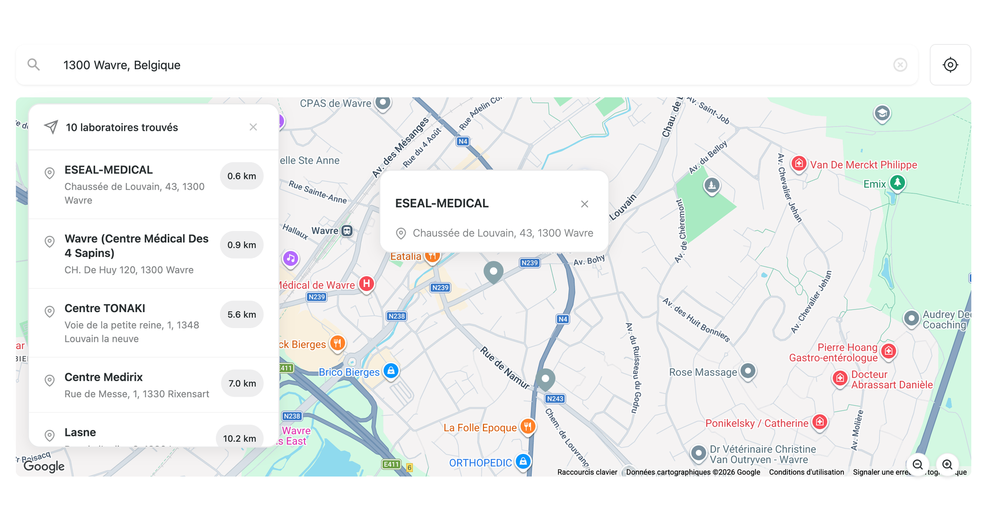 Carte interactive Limitless montrant 10 laboratoires partenaires autour de Wavre, Belgique, avec Eseal Medical à 0,6 km