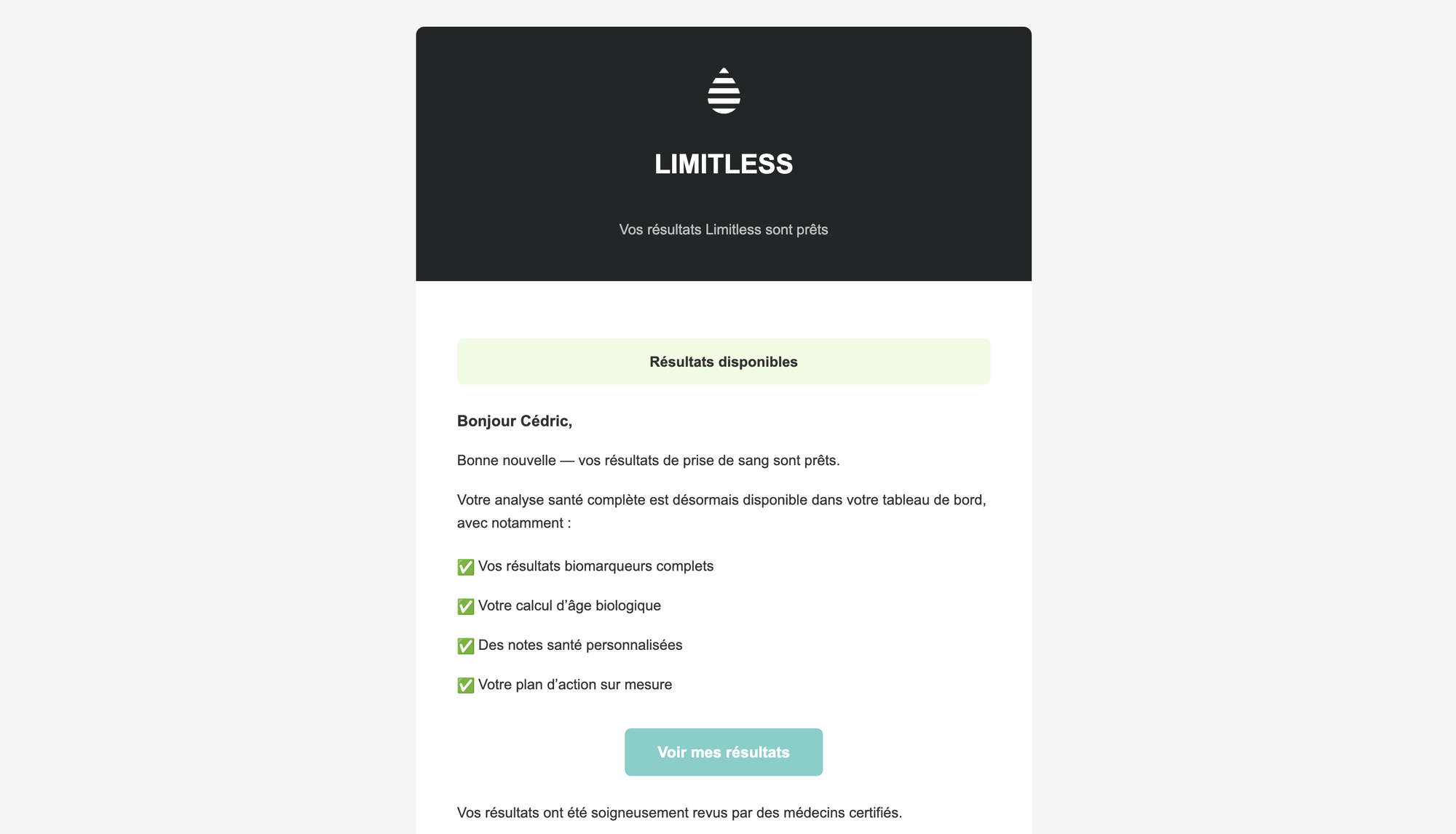 Email de notification Limitless annonçant la disponibilité des résultats de prise de sang avec lien vers le tableau de bord