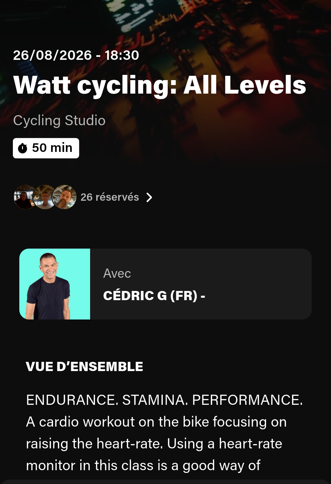 Mix Brussels, mercredi soir. WATT Cycling, 50 minutes, tous niveaux. Ça se réserve dans l'application Technogym de la salle.