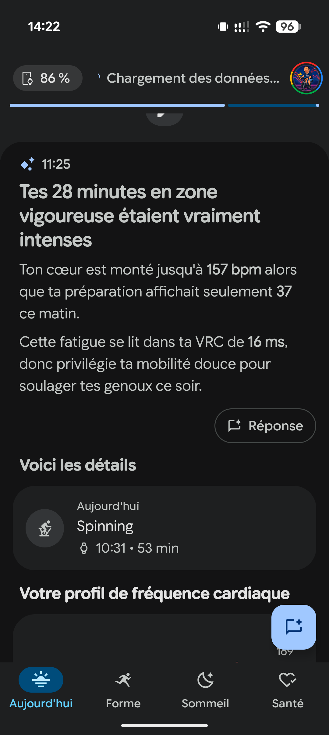 L'application Google Health sur Pixel 11 Pro me conseille d'y aller mollo après une séance de sport intense