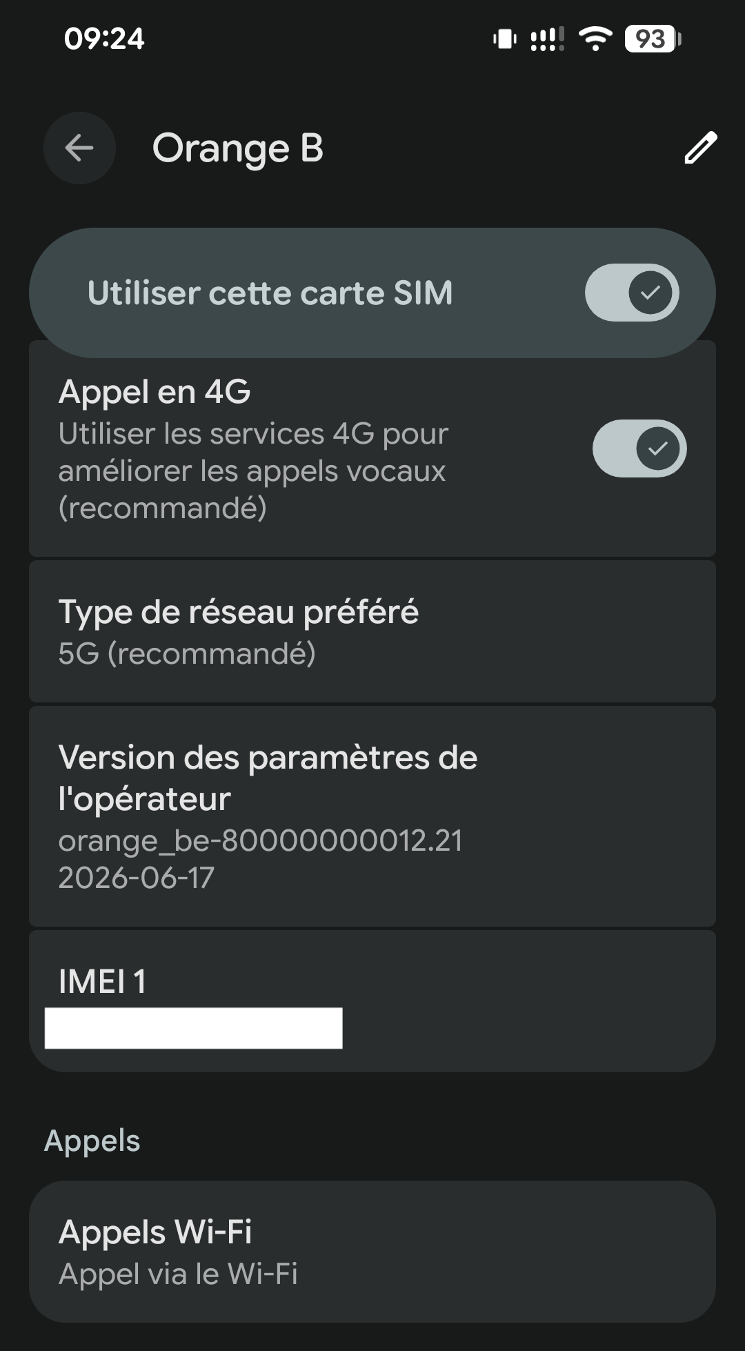 Compatibilité Orange Belgium VoWiFi et VoLTE dans les paramètres du Pixel 11 Pro 