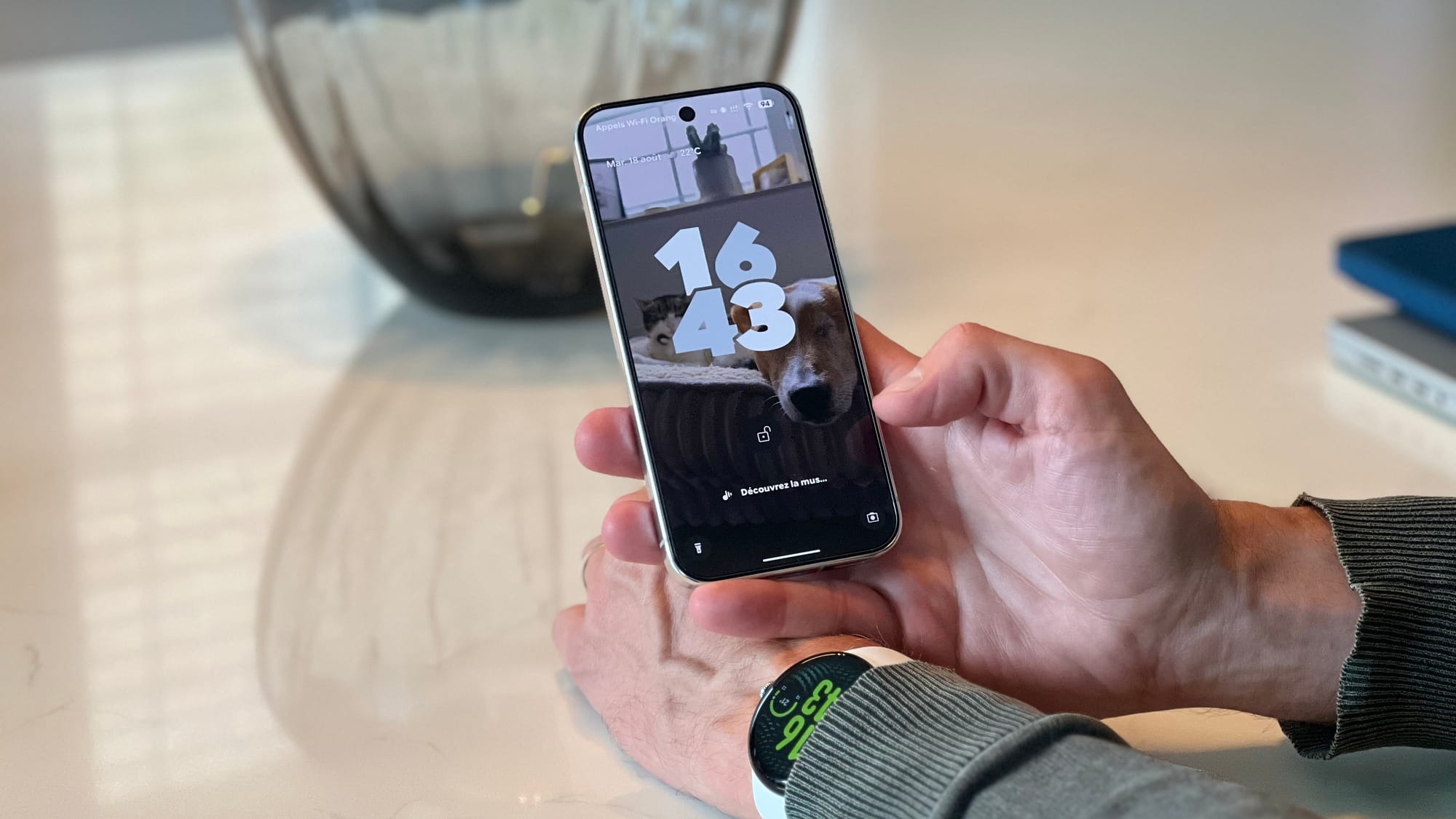 Écran de verrouillage du Pixel 11 Pro avec fond d'écran chien et chat, fonction Now Playing et indicateur Appels Wi-Fi Orange visibles
