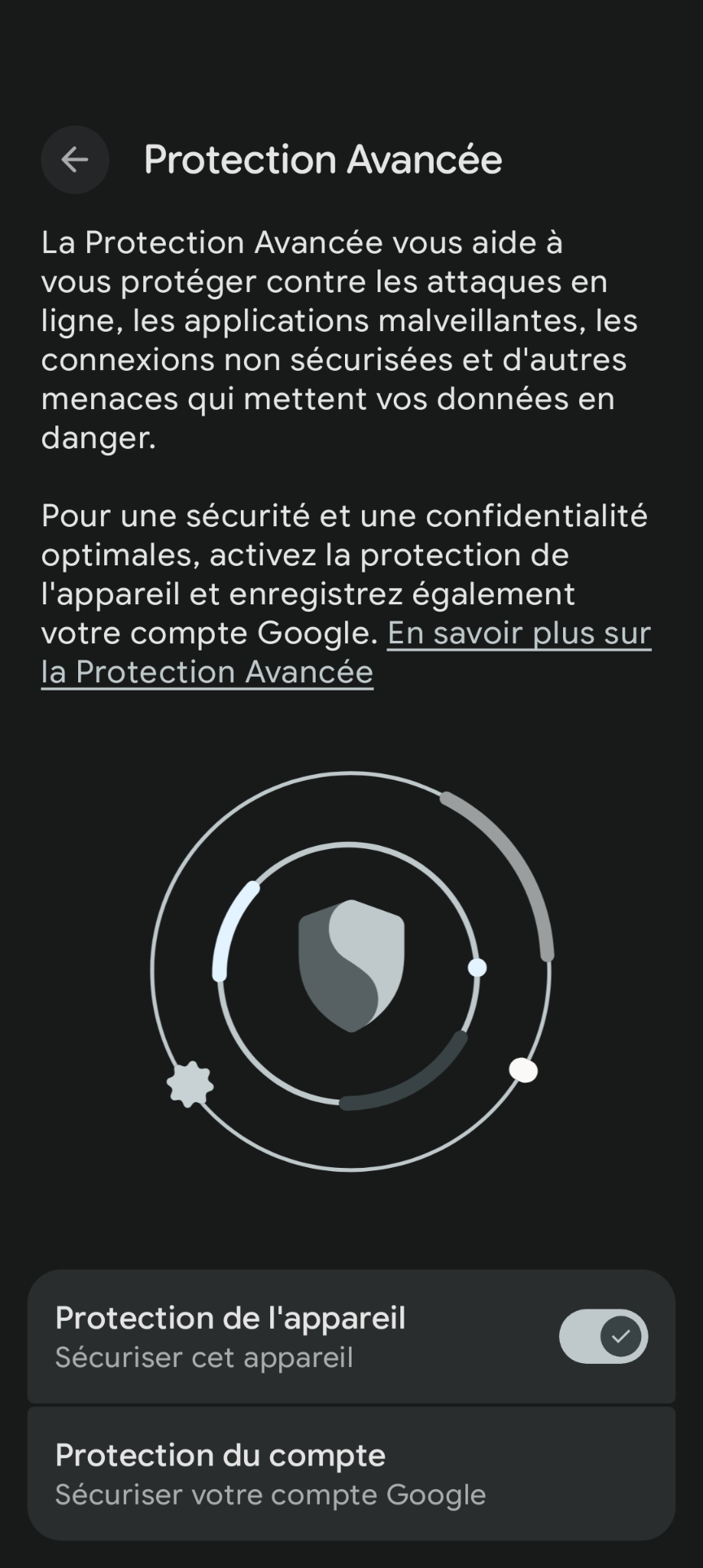 Écran des paramètres de Protection Avancée sur Pixel 11 Pro, avec protection de l'appareil activée et option de protection du compte Google
