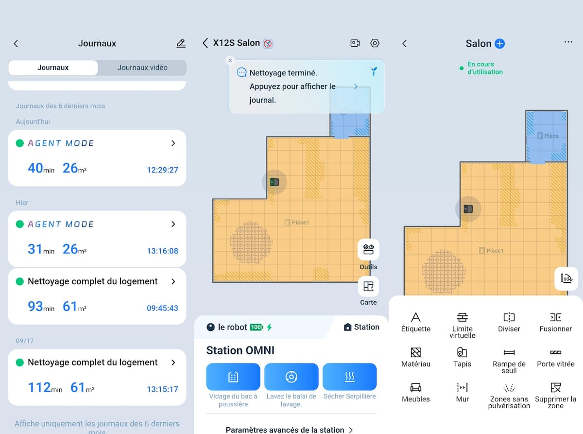 Trois captures d'écran de l'application montrant l'historique des journaux de nettoyage du X12S, la carte du salon avec zone de tapis détectée, et le menu d'outils de cartographie (étiquette, tapis, meubles, murs)