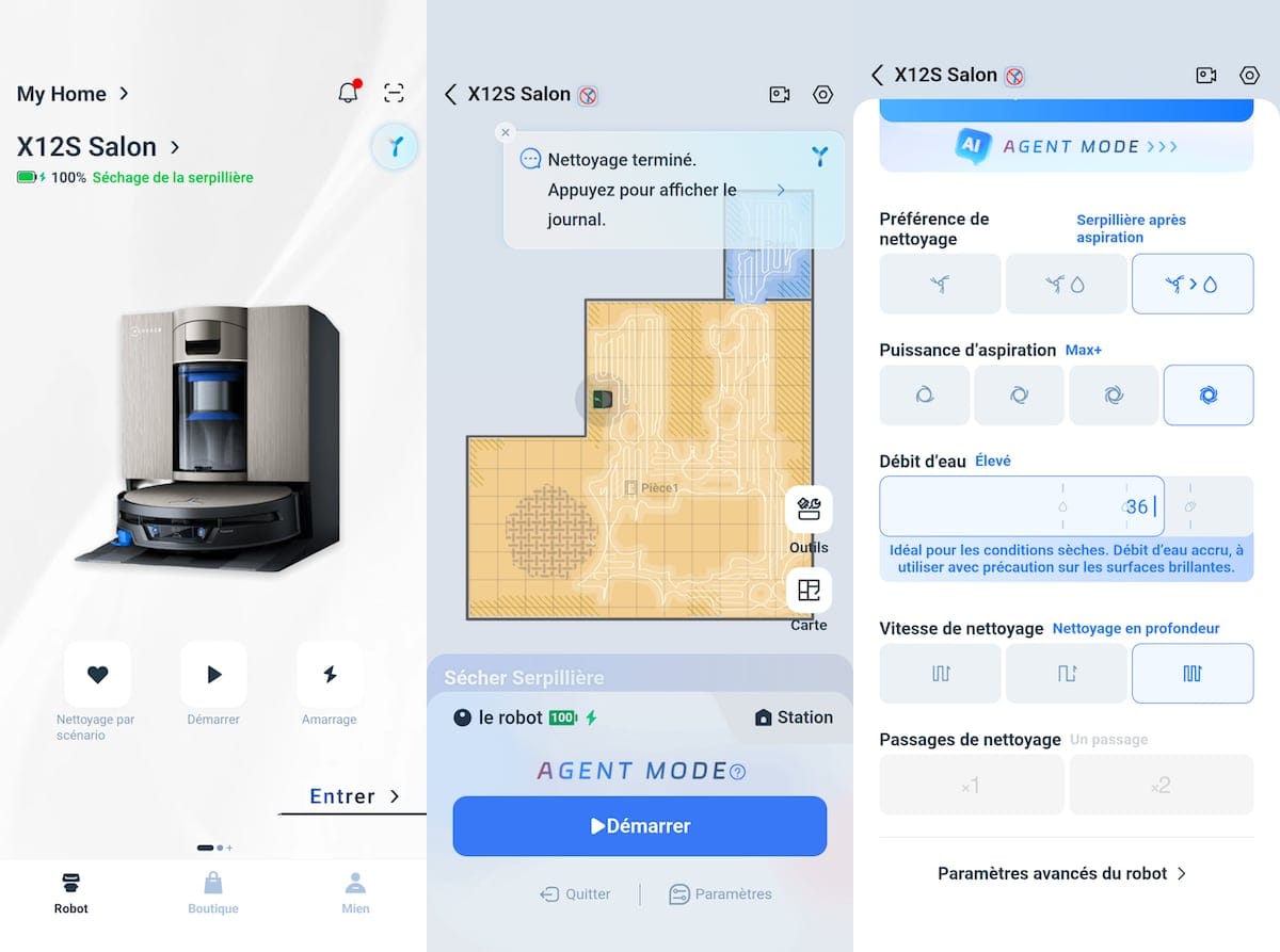 Trois captures d'écran de l'application Ecovacs montrant le tableau de bord X12S Salon, la carte de nettoyage terminé et les réglages Agent Mode avec débit d'eau et puissance d'aspiration