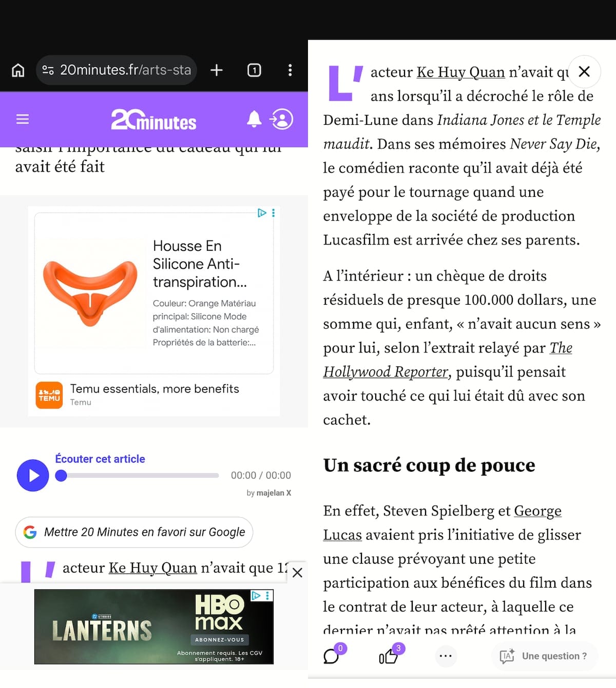 Comparaison côte à côte d'un article 20 Minutes sur Android : à gauche dans Chrome avec publicités display et lecteur audio sponsorisé, à droite dans Brave avec une lecture épurée sans publicité