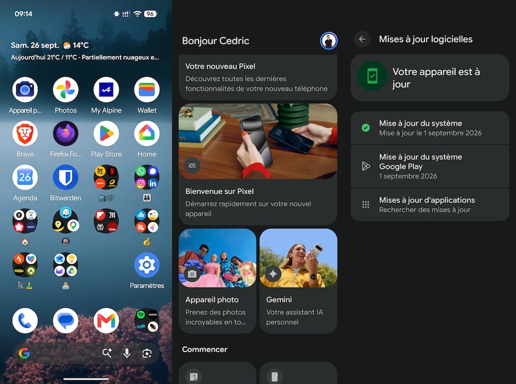 Écran d'accueil du Pixel 11 Pro avec les cartes de bienvenue Google (Bienvenue sur Pixel, Appareil photo, Gemini) et l'écran des mises à jour logicielles confirmant l'appareil à jour