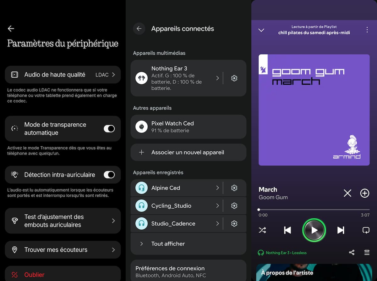 Trois captures d'écran Android montrant les paramètres audio LDAC, la liste des appareils Bluetooth connectés (Nothing Ear 3, Pixel Watch, Alpine, casques studio) et la lecture Spotify en Lossless via Nothing Ear 3