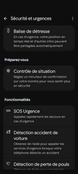 Menu Sécurité et urgences de la Pixel Watch 5 avec balise de détresse, SOS Urgence et détection d’accident de voiture