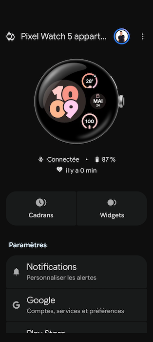 Application compagnon Pixel Watch 5 avec aperçu du cadran et accès rapide aux cadrans, widgets et paramètres Google”