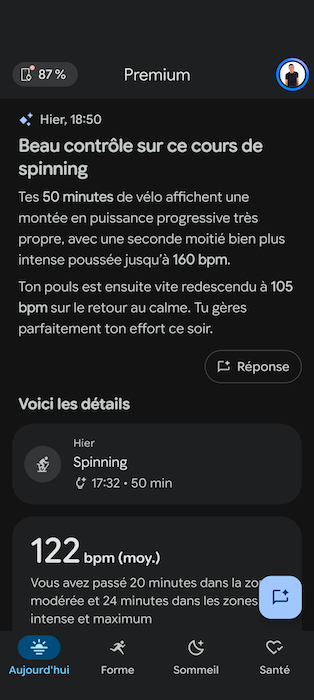 Résumé d’une séance de spinning sur Google Health avec fréquence cardiaque moyenne de 122 bpm et répartition par zones d’intensité