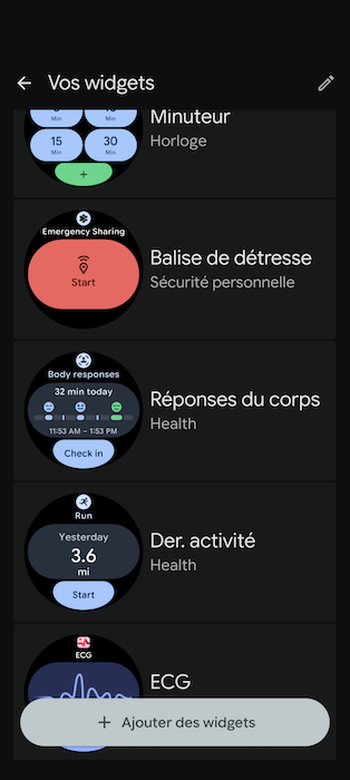 Liste des widgets personnalisables de la Pixel Watch 5 : minuteur, balise de détresse, réponses du corps, dernière activité et ECG