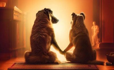 Deux chiens font de la méditation tantrique main dans la main patte dans la patte