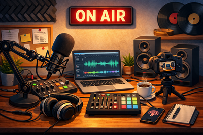 Illustration d’un home studio de podcast avec micro sur bras articulé, table de mixage, casque audio, ordinateur affichant une piste sonore et caméra pour l’enregistrement vidéo