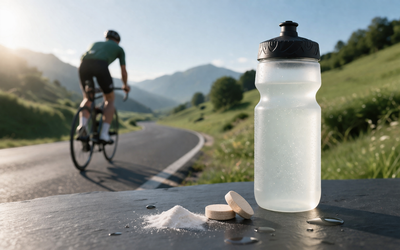Comprimés effervescents d'électrolytes et bouteille d'eau posés sur une route, cycliste en arrière-plan dans un décor montagneux