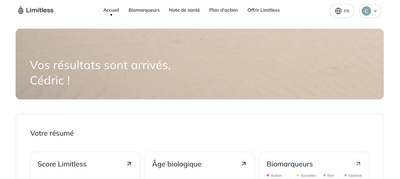 Tableau de bord Limitless affichant les résultats de bilan sanguin avec Score Limitless, âge biologique et biomarqueurs classés par catégorie