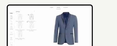 Interface de configuration Hockerty montrant le choix du style de tuxedo, revers châle et boutonnage