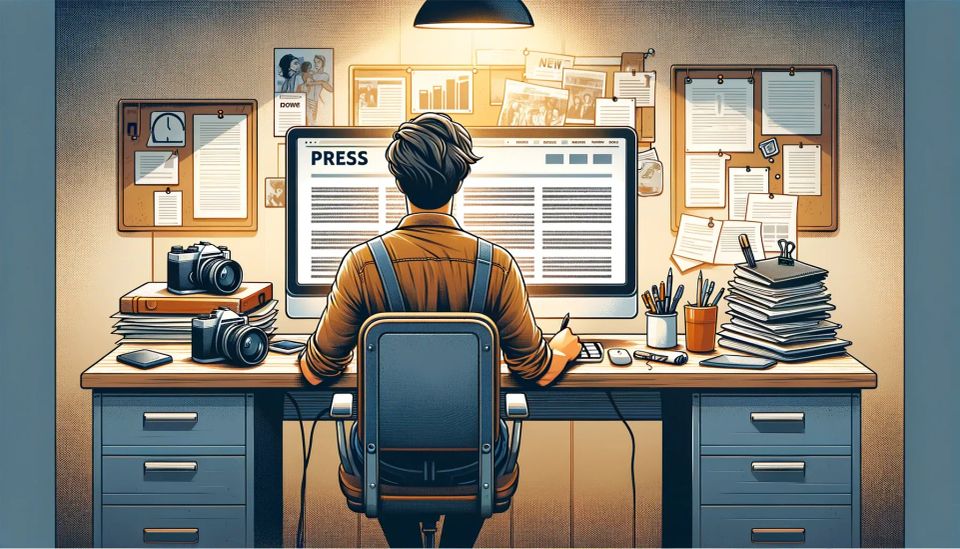 Un homme journaliste à son ordinateur écrit un article pour un site web à son bureau 